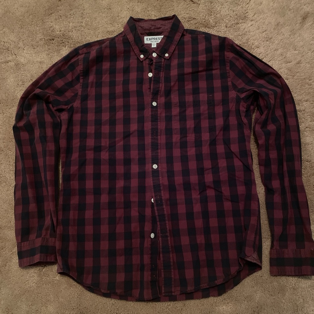 Express Men's Soft Wash Burgundy and Black Checkered Shirt